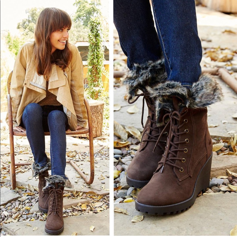 Fur Cuffed Over Platform Wedge Boots - Picture 2 of 5